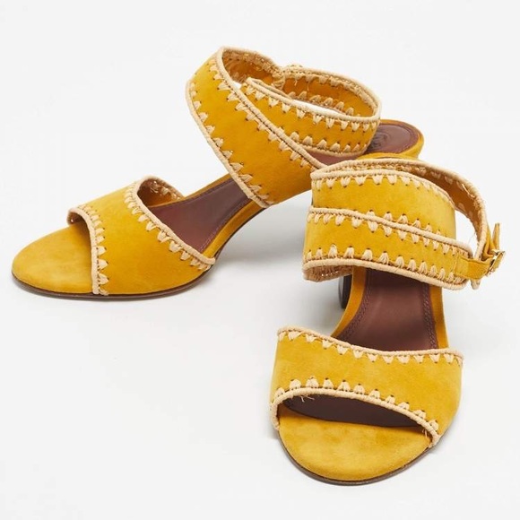 Tory Burch Shoes - Tory Burch Yellow Raffia Suede Ankle Strap Sandals Block Heels Womens 6.5